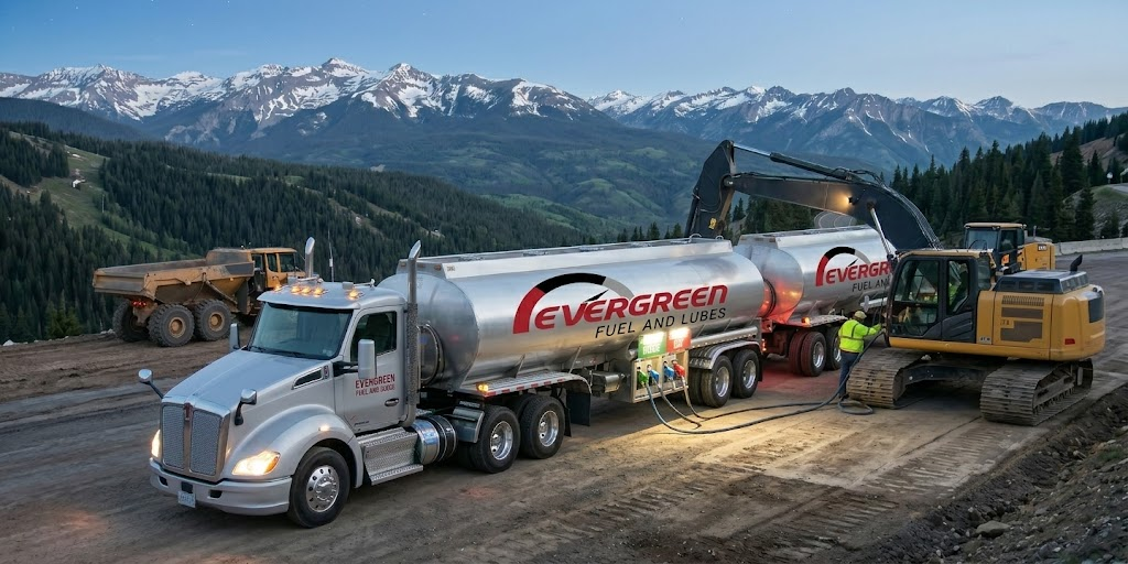 24/7 on-site fueling service truck fueling equipment at job site in the Pacific Northwest