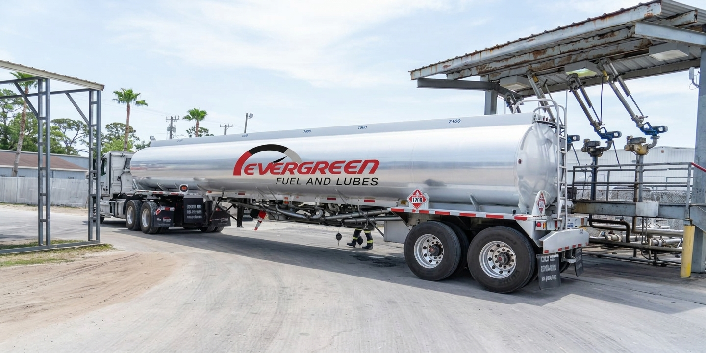 Bulk fuel delivery truck filling storage tanks in the Pacific Northwest