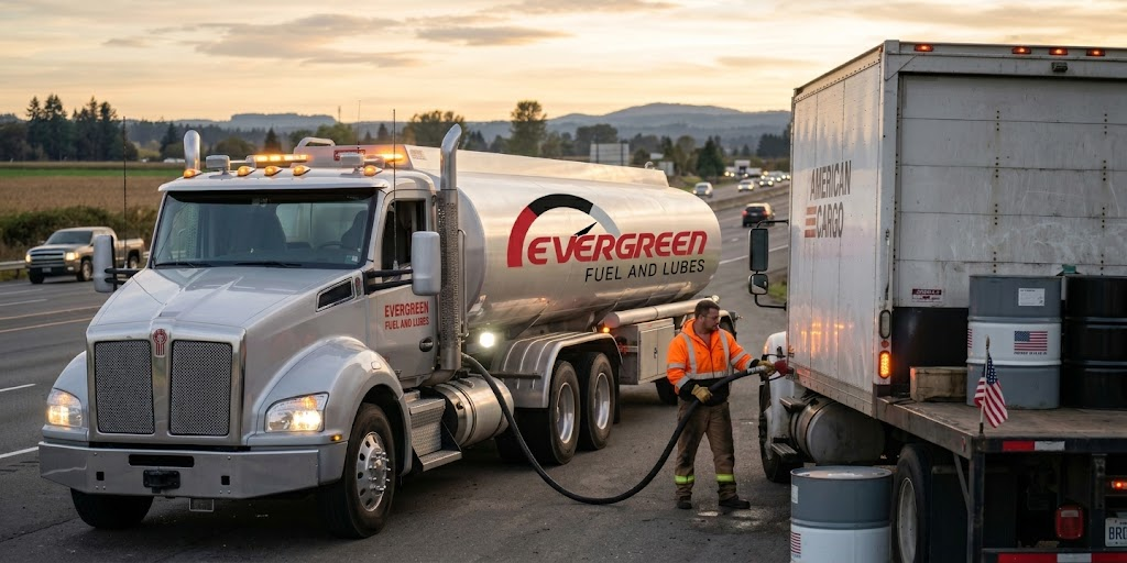 Emergency fuel delivery truck responding in the Pacific Northwest